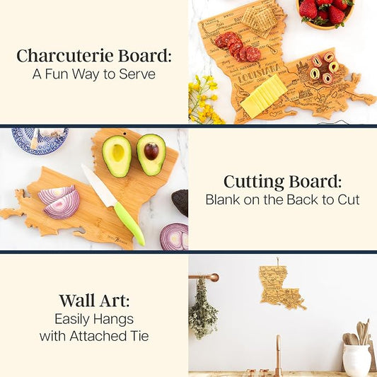 Totally Bamboo Destination Louisiana Shaped Cutting Board – Bamboo Charcuterie and Serving Board with Hang Tie for Wall Display