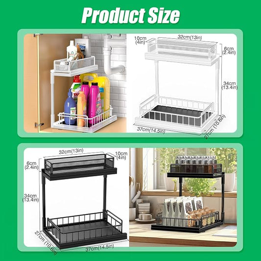 Under Kitchen Sink Pull Out Organizer, Pull Out Under Cabinet Organizer with 2 Tier for Kitchen Bathroom, Home Kitchen Storage Organization, Black, 2 Pack