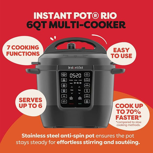 Instant Pot 6QT RIO 7-in-1 Multi-Cooker, Pressure Cooker, Slow cook, Sauté, Steam, Rice Maker, Yogurt, & Warmer, Black, 6 Quarts