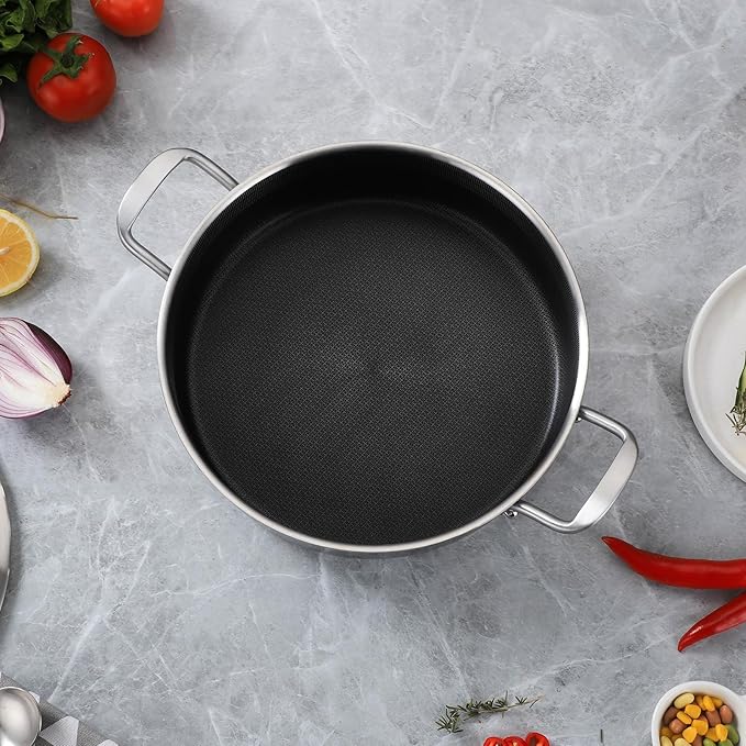 Yeksum 8-Quart Tri-Ply 18/10 Stainless Steel Saute Pan 13-Inch Nonstick Skillet with Lid, Even Heat, Induction Ready, Dishwasher & Oven Safe