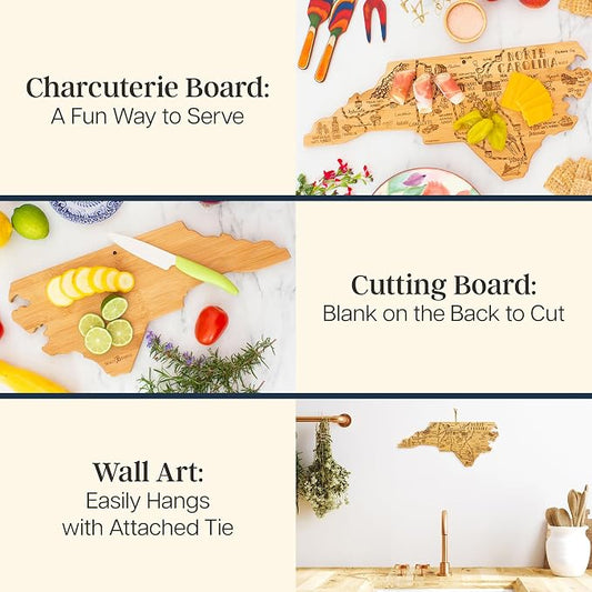 Totally Bamboo Destination North Carolina Shaped Cutting Board – Bamboo Charcuterie and Serving Board with Hang Tie for Wall Display