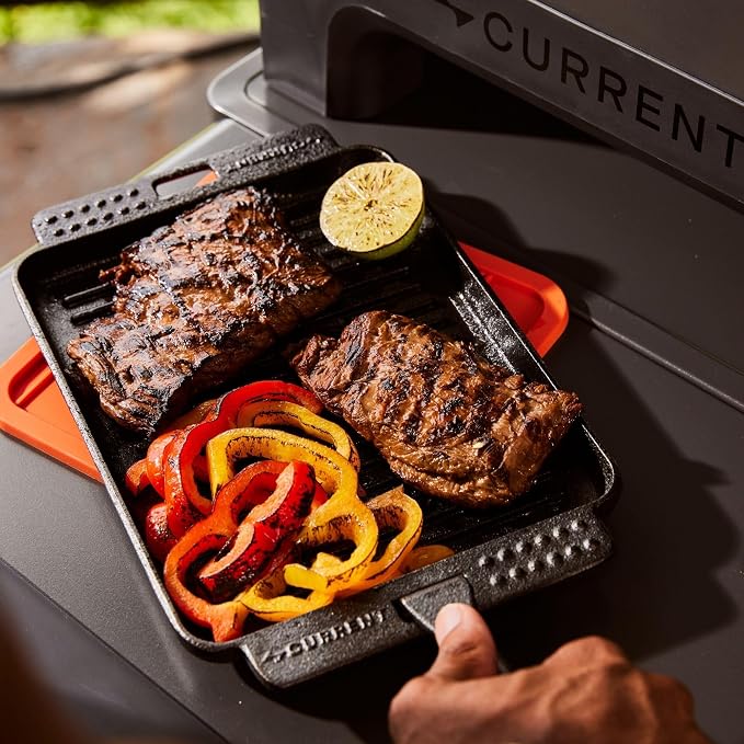 Current® Cast Iron Sizzle Plates 3-Piece Set - Deep Pan, Shallow Pan, Grill Pan with Removable Handle, Pre-Seasoned, Heat Retention, Compatible Model P Pizza Oven