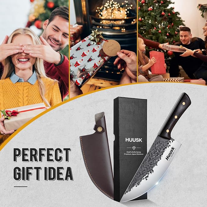 Huusk Butcher Knife for Meat Cutting, Hand Forged Meat Cleaver Knife, Outdoor Cooking Knives for Men, Gifts for Men
