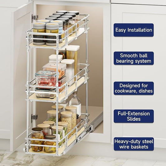 8" W x 20.5" D 3-Tier Pull Out Spice Rack Organizer, Solid Wood Base Slide Out Cabinet Shelf for Narrow Kitchen Cabinets, Chrome Pantry Storage