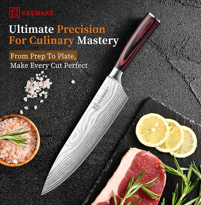 KEEMAKE Chef Knife - 8 Inch High Carbon Stainless Steel Kitchen Knife with Ergonomic Handle, Professional Kitchen Gadgets with Gift Box for Men and Women, Father Day Gifts