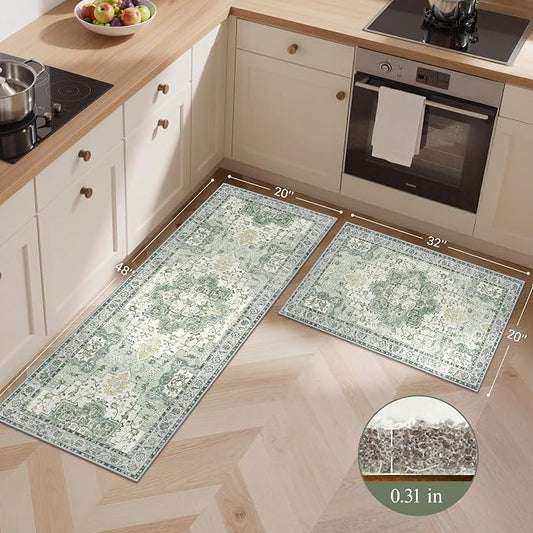 GENIMO Kitchen Rugs Non Slip Washable, 2PCS Kitchen Mats for Floor, Cushioned Standing Mat, Kitchen Runner Rug Floor Mat for Kitchen Decor, Laundry, Sink, Entryway, Home, 20"x32"+20"x48", Light Green