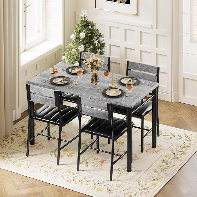 IRONCK Dining Table Set for 4, Wood Kitchen Table with Upholstered Chairs for Kitchen Room and Small Spaces, Grey
