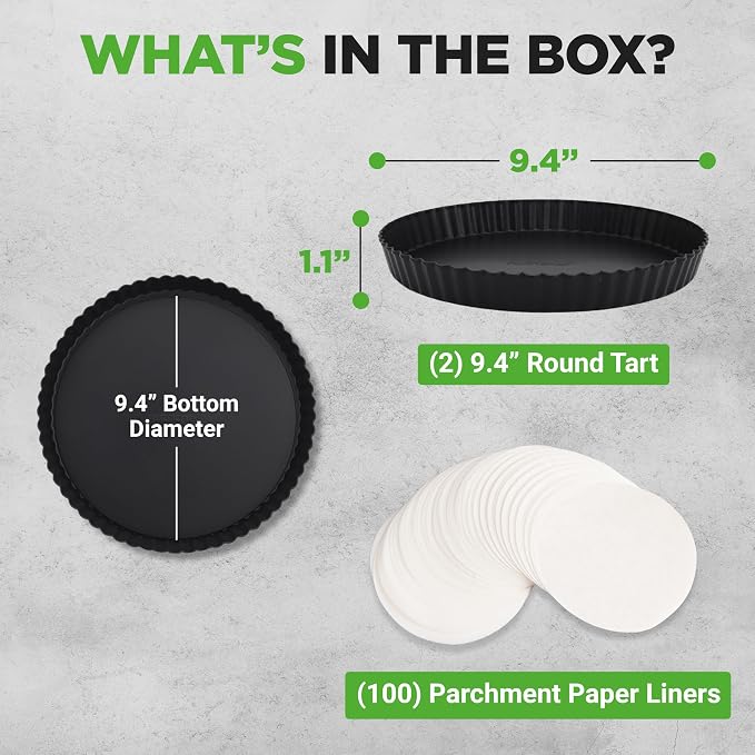 NutriChef 2 Round Tart Pans | 9 Inch Carbon Steel Tart Baking Trays with Removable Base | Nonstick & Even Heat Distribution | Includes 100 Parchment Papers | Height of 1 Inch | Black