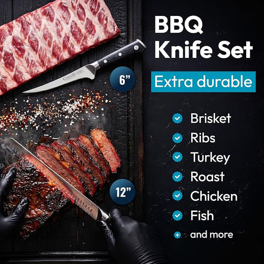 Cutluxe 2-Piece Carving Knife Set for BBQ & Brisket – Razor-Sharp German Steel – 12" Slicing & 6" Boning Knife for Meat Cutting, Sheaths Included, Full Tang & Ergonomic Handles – Artisan Series