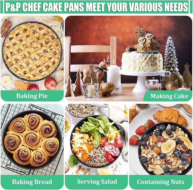 P&P CHEF 6 Inch Cake Pan, Nonstick Round Baking Layer Cake Pans Tins Set for Birthday Wedding, 2.94-Inch Deep Side & One-piece Design, Stainless Steel Core & Easy Clean, Black 3Pcs