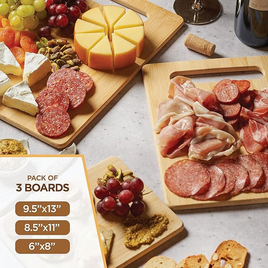 Bamboo Cutting Boards for Kitchen - Set of 3 Wood Cutting Boards with Handle, Large Medium Small Chopping Boards for Meat Vegetables Fruit Cheese Bread, Knife Friendly Serving Tray, Natural by Bambüsi