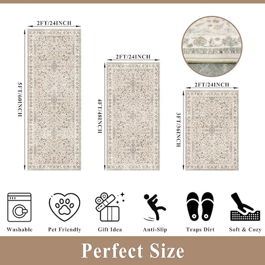 3-Piece Kitchen Rug Set of 3 with Runner – Non-Slip Washable Boho Kitchen Mats for Sink, Floor, Entryway & Hallway & Bathroom – Soft Small Throw Area Rugs, Home Decor (Beige,2x3+2x4+2x5)