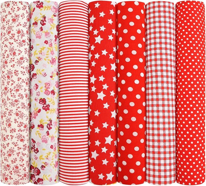 Ainiv 7pcs Fabric Bundles Squares, 19.68"x19.68" 100% Cotton Quilting Fabric Bundles, Floral Precut Squares Patchwork for Quilting, Sewing, DIY Crafts, Mask, Red