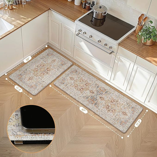 GENIMO Kitchen Mats for Floor, 2PCS Kitchen Rugs Non Slip Washable, Waterproof Anti Fatigue Mat, Comfort Standing Runner Rug for Sink, Office, Laundry, Home, 17.3"x47"+17.3"x30", Orange&Brown