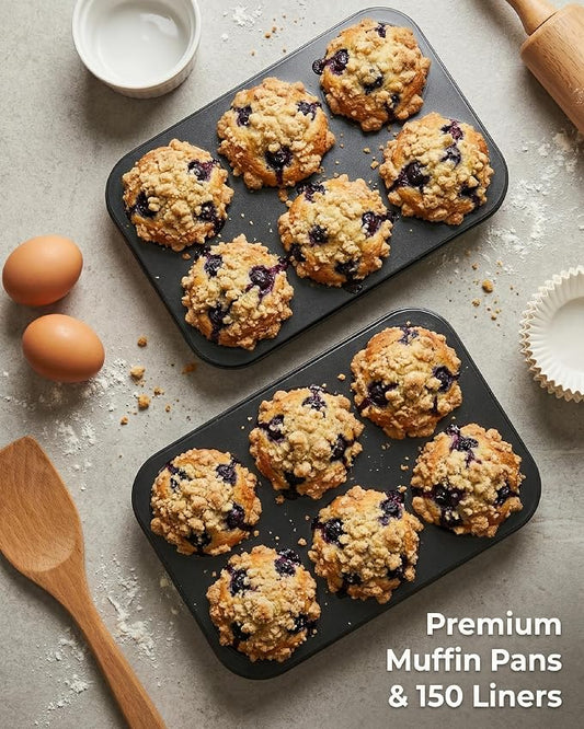 CARTMAN 2-Pack Jumbo Muffin Pan with 150 Cupcake Liners, Nonstick 6-Cup Large Muffin Tin for Baking, Food-Grade Carbon Steel Cupcake Pan for XL Treats & Egg Bites, Perfect for Family Breakfasts