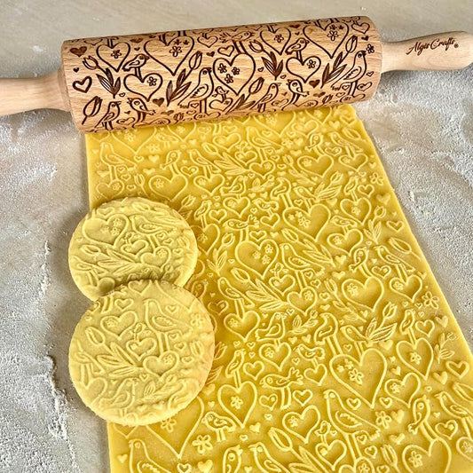 LOVE BIRDS Embossing Rolling Pin โ Laser Engraved Dough Roller with hearts and birds pattern. Great for cookies, clay crafts, and a charming gift. By Algis Crafts