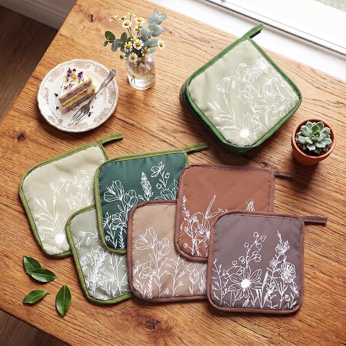 Bencailor 12 Pcs Pot Holders with Pocket Kitchen Hot Potholders Hot Pad Oven Mitts Cookie Bag Oven Gloves for Kitchen Gift Baking Cooking (Morandi,Wildflower)