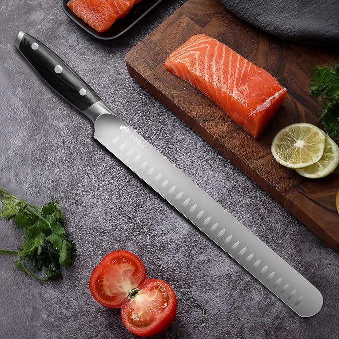 TUO Carving Knife, 12 inch Brisket Knife for Cutting Smoked Meat, Slicing Through Roast & Large Raw Meat Chunks, Full Tang Handle, German High Carbon Steel - Black Hawk Series