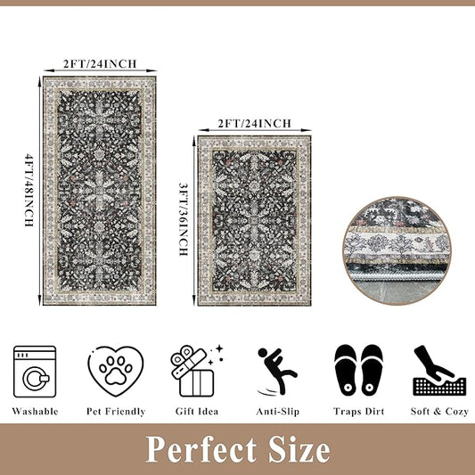 Kitchen Rugs Set of 2 Washable Non Slip – Soft Low Pile Boho Floral Decorative Area Rugs & Runner Mats for Kitchen Floor, Entryway, Hallway, Doorway & Bathroom – Indoor Small Rugs (Black, 2x3+2x4)