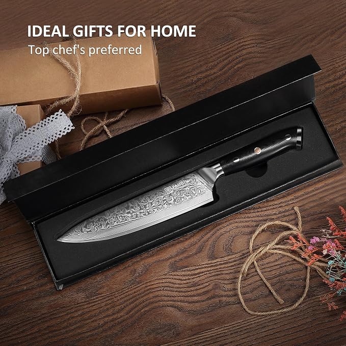 PAUDIN Damascus Chef Knife, 8 Inch Kitchen Knife, 67 Layers Damascus Steel Knife Japanese VG10 Core, Non-slip Ultra Sharp Chefs Knife with Ergonomic G10 Handle