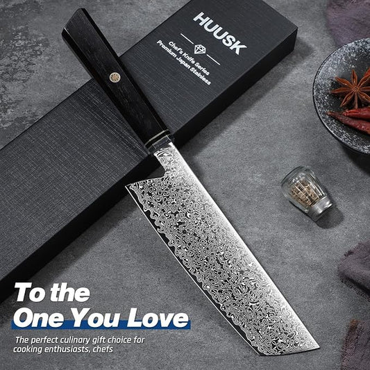 Huusk Damascus Nakiri Knife 7 Inch, Japanese Chopping Chef Knives, Sharp Cleaver and Vegetable Knife with Ergonomic Wood Handle, Damascus VG-10 Kitchen Knives, Birthday Christmas Gifts for Men Women