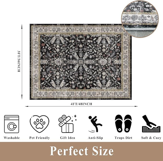 3x4 Entryway Rug Washable Non-SlipโBoho Floral Stain-Resistant Small Area Rug for Kitchen Bedroom Bathroom โ Soft Low-Pile Thin Indoor Door Mat (Black,3x4)