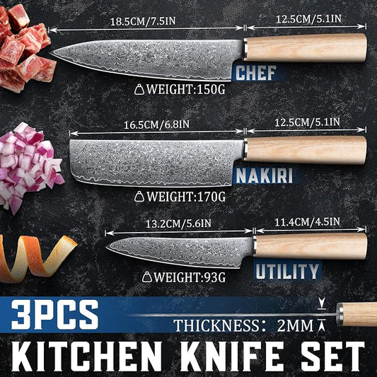 ROCOCO Damascus Chef Knife Set - Japanese Nakiri Utility Paring Knives Sharp Gyuto Meat Cleaver for Home Kitchen Gift Idea