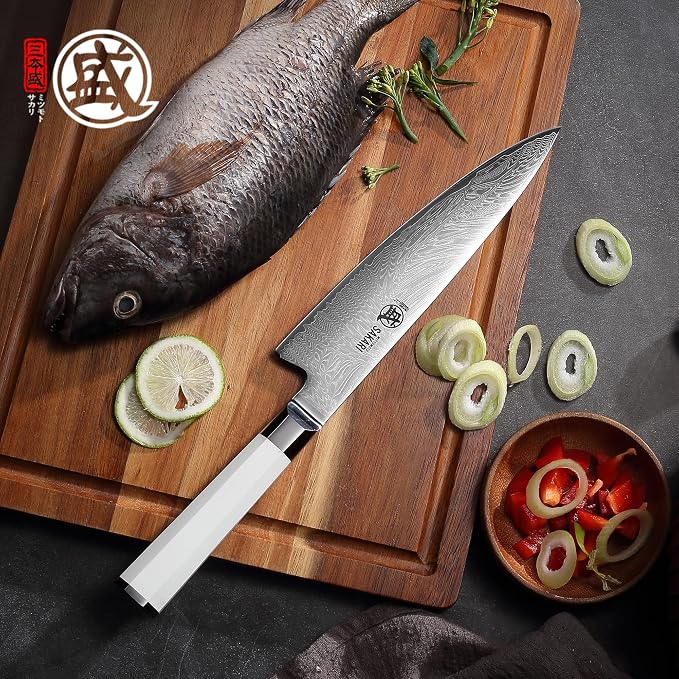 MITSUMOTO SAKARI 8-Inch VG-Pro Damascus Gyuto Knife, Hand Forged Professional Japanese Chef Knife, Ergonomic G10 Handle & Sandalwood Box