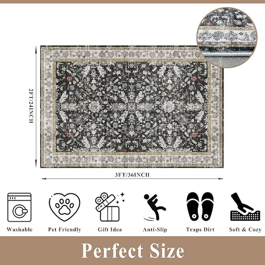 2x3 Rug Non-Slip Washable for Kitchen – Boho Small Throw Rug for Sink & Entryway, Soft Low Pile Thin Indoor Mat for Pet Area & Bathroom (Black, 2x3)