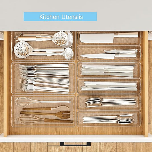 3 Pack Clear Plastic Drawer Organizer Tray Cutlery Utensil Makeups Drawer Silverware Organizers 12" X 6"&12"X3"(9Pack)
