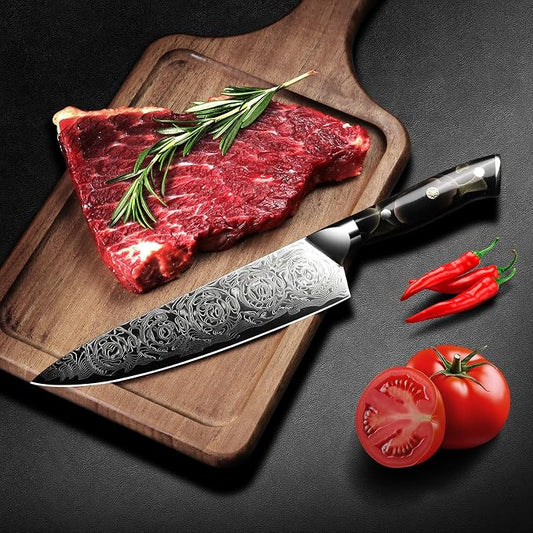 Professional Japanese Damascus Chef Knife 8 Inch - VG-10 High Carbon Steel, Ergonomic Resin Handle with Leather Sheath & Luxury Gift Box