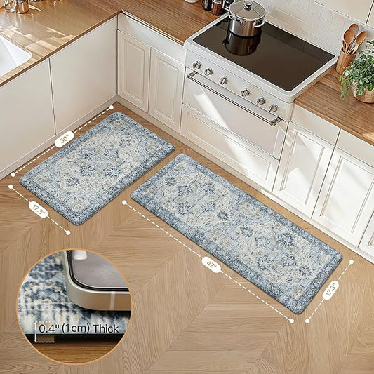 GENIMO Kitchen Mats for Floor 2PCs, Washable Anti Fatigue Mat for Cushioned, 17.3"x47"+17.3"x30", 0.4 inch, Waterproof Kitchen Rug, Non Slip Standing Mat for Home, Runner, Office, Laundry, Light Blue
