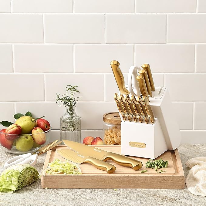 McCook® Knife Sets, Golden Titanium Stainless Steel Kitchen Knife Block Sets with Built-in Sharpener,15 Piece Knives, Restaurant Grade Sharp, Elegant Gold & Stylish Wooden Block for Modern Culinary