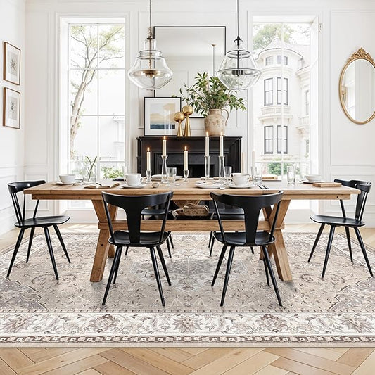 Living Room 8ft Square Area Rug: Machine Washable Large Vintage Soft Rug Stain Resistant Non Slip Floor Carpet for Bedroom Playroom Indoor Farmhouse Home Decor Mat for Office Dining Room(8x8,Beige)