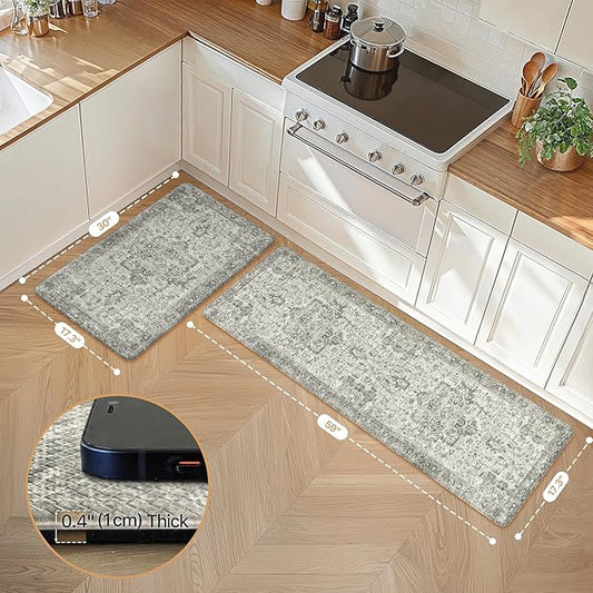 GENIMO Kitchen Mats for Floor 2PCs, Washable Anti Fatigue Mat for Cushioned, 17.3"x59"+17.3"x30", Waterproof Kitchen Rugs, Non Slip Comfort Standing Mat Rug for Home, Sink, Laundry, Stone Gray