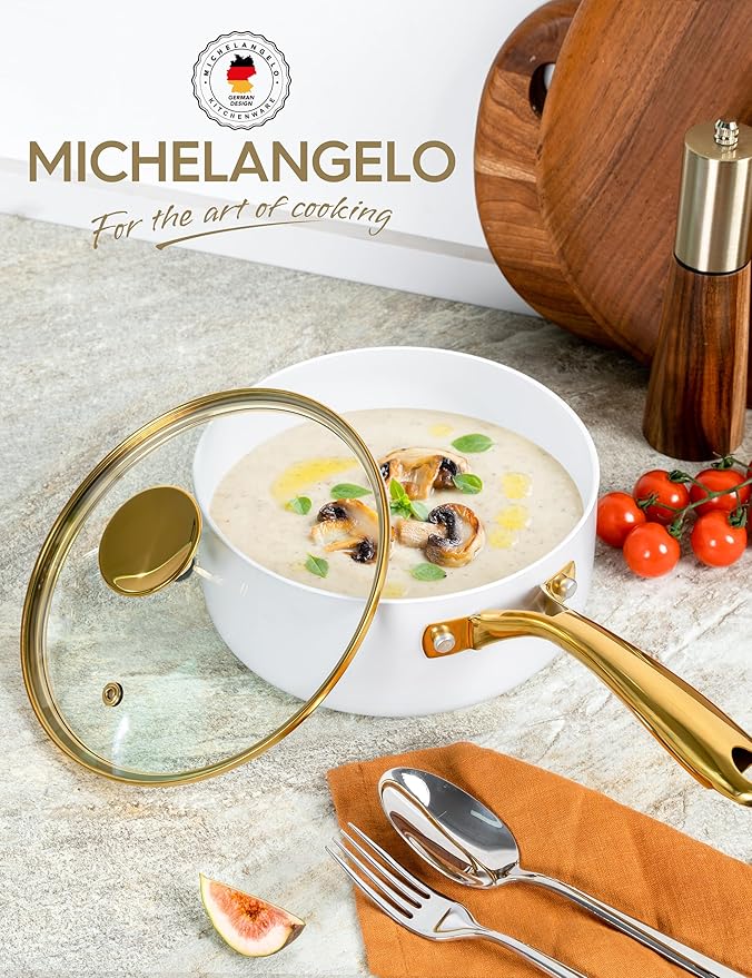 MICHELANGELO 3 Quart Saucepan with Lid, Non-Toxic Ceramic Sauce Pan with Ergonomic Handle, Nonstick 3 Qt Small Pot, Induction-Compatible, White