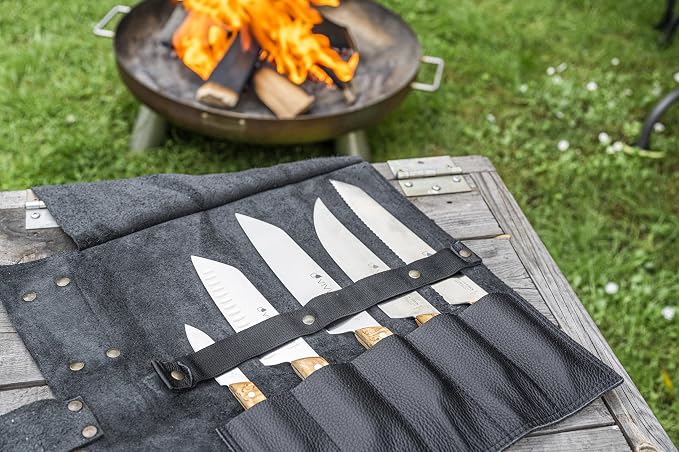 F. DICK Vivum 83668000-01 Leather Roll Bag (5 Pieces, Small Office Knife, Santoku with Scallop Edge, Classic Chef's Knife, BBQ Knife ASADOR, Bread Knife) Brown