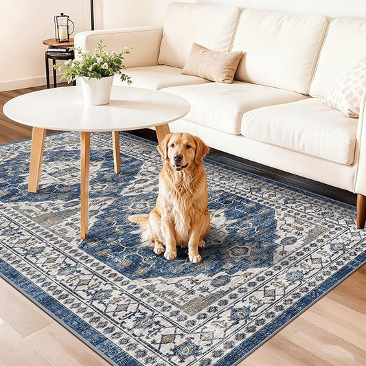 Washable 4x8 Hallway Runner Rug: Vintage 8ft Soft Runners for Entry Kitchen Wide Low Pile Carpet with Non-Slip Backing for Living Room Bedroom Thin Bathroom Carpet for Dining Room Foyer(4x8,Blue