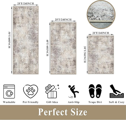 Kitchen Mats for Floor 3 Piece Set,Non-Slip Washable Kitchen Mats for Hardwood Floor, Boho Farmhouse Runner Rug for Sink,Entryway & Hallway & Bathroom (Brown Grey Beige, 2x3+2x4+2x5)