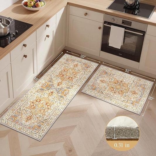 GENIMO Kitchen Rugs Non Slip Washable, 2PCS Kitchen Mats for Floor, Cushioned Standing Mat, Kitchen Runner Rug Floor Mat for Kitchen Decor, Laundry, Sink, Home, 20"x32"+20"x48", Orange&Brown