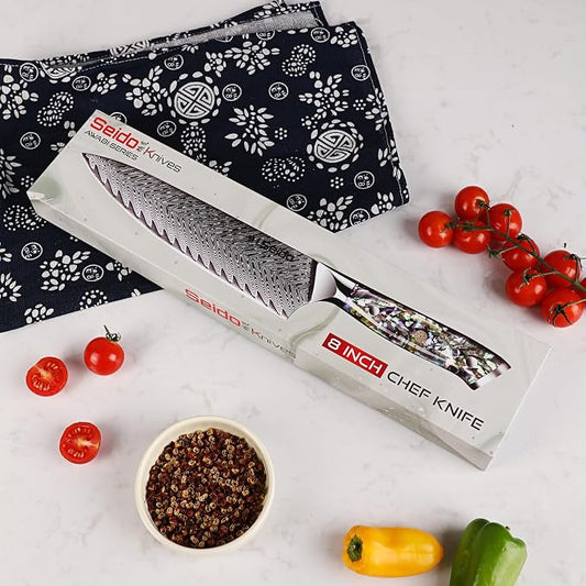 Seido Knives Awabi Gyuto Chef Knife 67 layers of Damascus Steel with a VG-10 Super Steel Core with Abalone Shell Resin Handle