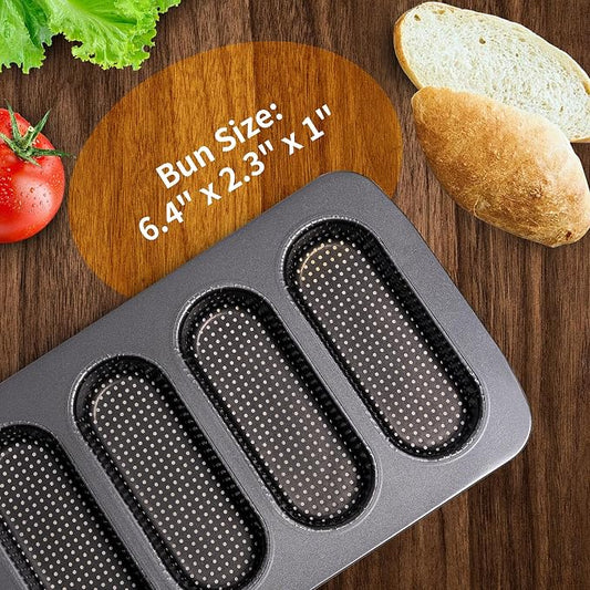 Yomvzake Hot Dot Bun Pan Set of 2, Perforated Carbon Steel Non-Stick Hotdog Bun Mold Bread Forms Crispy Mini Baguette Sandwich Baking Tray for Hot Dog Bun Rolls