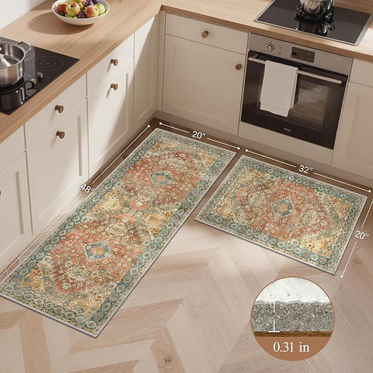 GENIMO Kitchen Rugs Non Slip Washable, 2PCS Kitchen Mats for Floor, Cushioned Standing Mat, Kitchen Runner Rug Floor Mat for Kitchen Decor, Laundry, Sink, Entryway, Home, 20"x32"+20"x48", Retrobrick