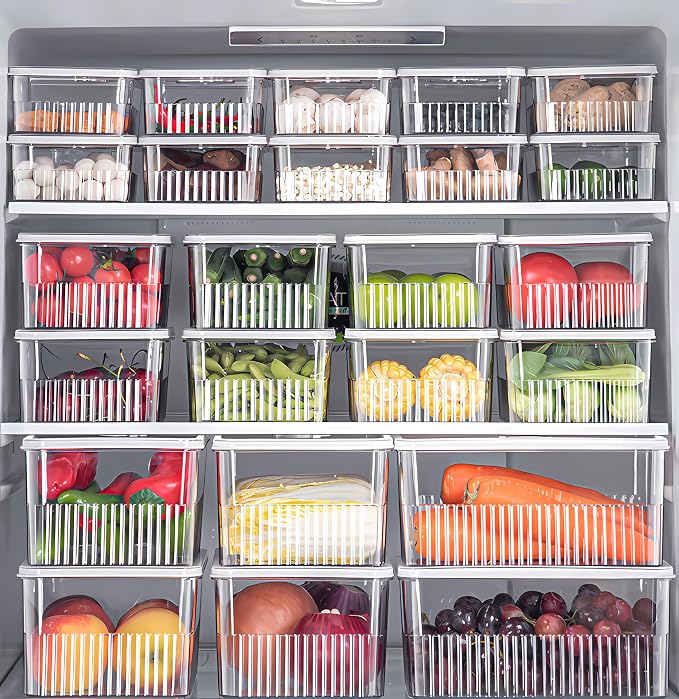 Fridge Food Fruit Storage Container Bin with lid, Refrigerator food vegetable Organizer Fresh Keeper Container with timer lid Fruit Vegetables storage bin For fridge (0.9L+1.8L+3.4L)