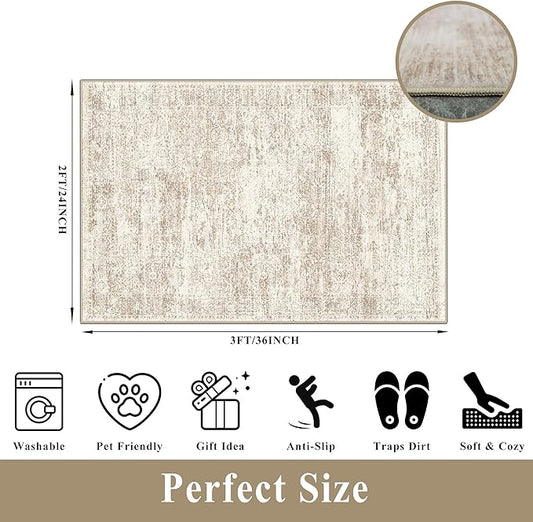 2x3 Feet Washable Entryway Rug, Non-Slip Small Kitchen Throw Mat for Sink, Soft Low-Pile Stain & Fade-Resistant Indoor Mat for Pet Area & Bathroom (Cream/Beige)