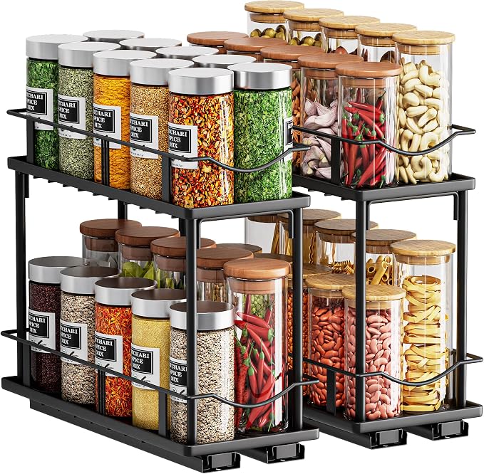 Bunoxea Pull Out Spice Rack 2 Pack,Slide Out Cabinet Spice Rack,Black | 2-Tier Rack, Full Extension Ball Bearing Glides, 10.7"Dx4.8"Wx8.85"H, Kitchen Pantry,Narrow Cabinet Spice Storage Organizer