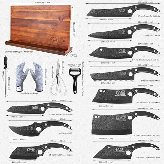XYJ Kitchen Knife Block Set, 10 Pieces | Full Tang Knives, Wooden Magnetic Knife Block, Includes Honing Steel, Gloves, Peeler, Scissors