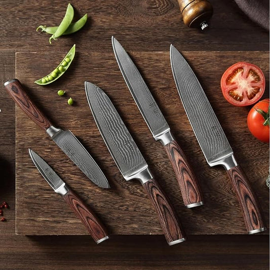 Wakoli EDIB 5-Piece Damascus Knife Set, Professional Kitchen Knives made of 67-Layer Damascus Steel with VG10 Core Blades, Ergonomic Pakkawood Handles, In Wooden Gift Box