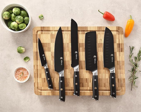 Wakoli Titanium Noir Knife Block Set – 5-Piece Chef Knife Set with Magnetic Acacia Block | 5Cr15MoV Stainless Steel Blades with Black Titanium Coating | Ergonomic G10 Handles | Kitchen Knives Gift Set