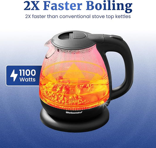Elite Gourmet EKT1001 Electric 1.0L BPA-Free 1100W Glass Kettle Cordless 360ยฐ Base, Stylish Blue LED Interior, Handy Auto Shut-Off Function โ Quickly Boil Water For Tea & More, Black